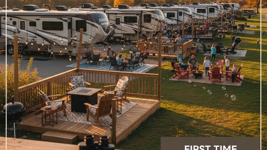 Seasonal RV campsite with deck and outdoor living setup