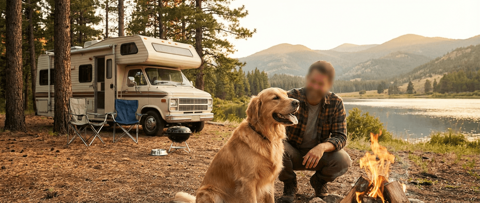 Dog and owner enjoying pet-friendly campsite outdoors