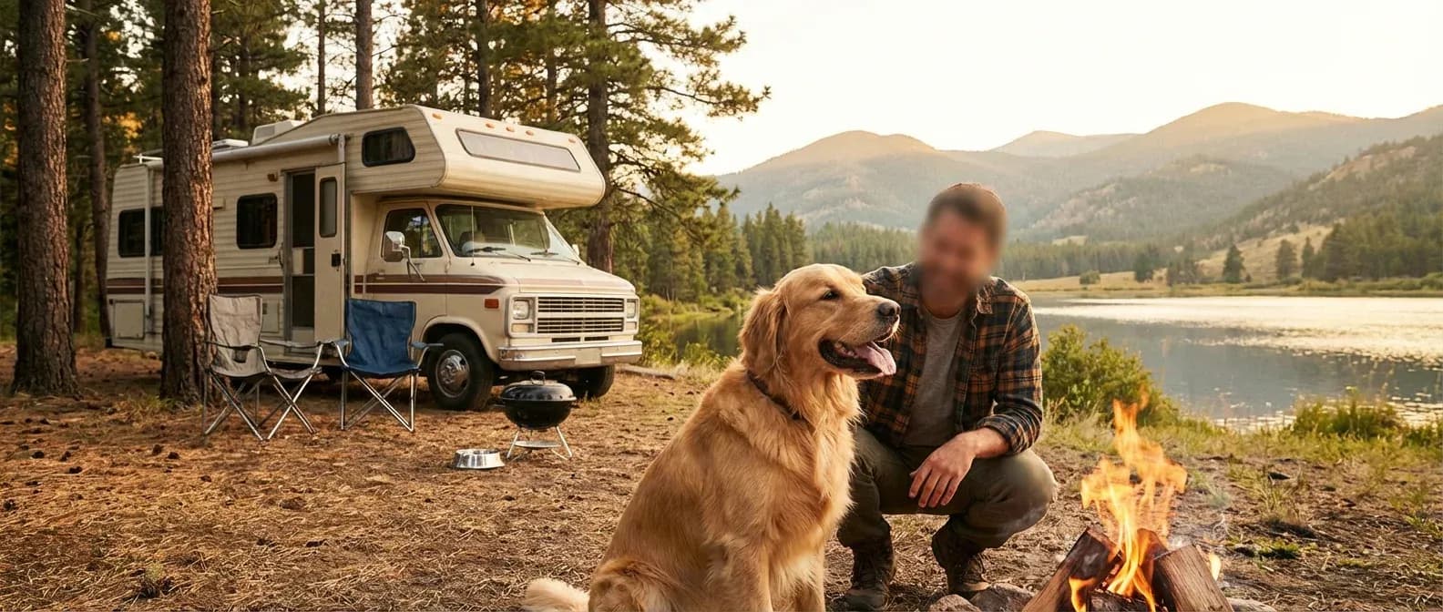 Dog and owner enjoying pet-friendly campsite outdoors