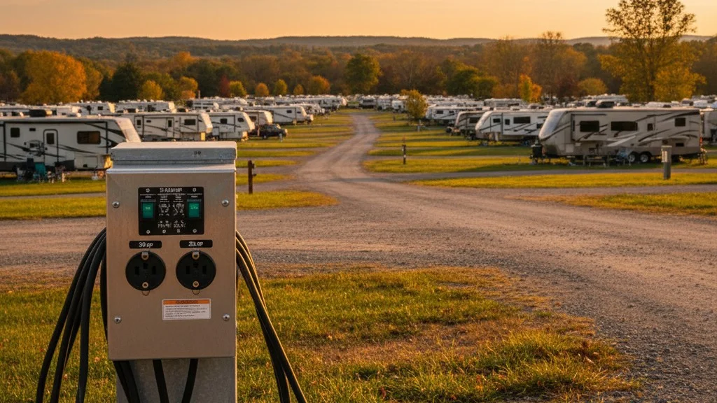 RV electrical hookup with 30/50 amp power pedestal RV electrical hookup with 30/50 amp power pedestal